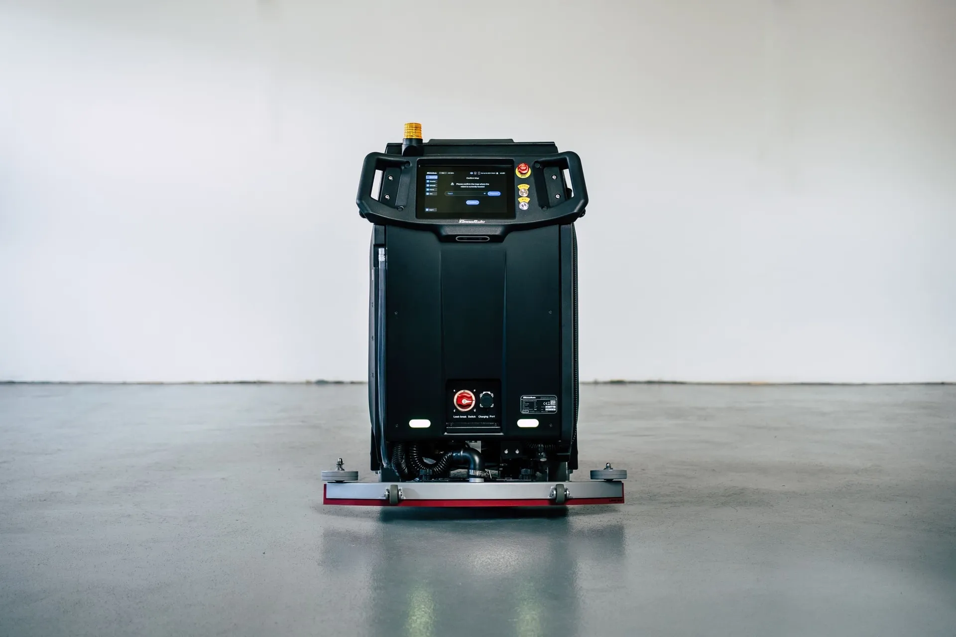 CenoBots L3 scrubber-dryer robot, front view with touchscreen and emergency stop